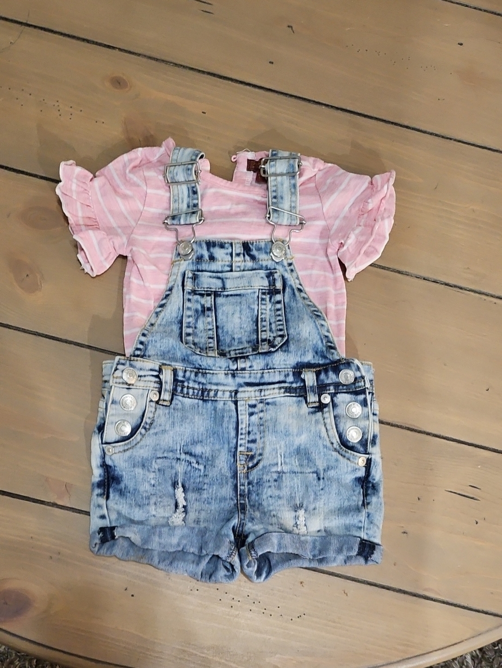 Gymboree Pink Striped Tee with Light Blue Denim Short Overalls